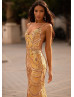 Deep V Neck Gold Sequin Low Back Evening Dress