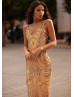 Deep V Neck Gold Sequin Low Back Evening Dress