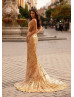 Deep V Neck Gold Sequin Low Back Evening Dress