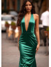 Halter Neck Emerald Satin Open Back Stunning Evening Dress