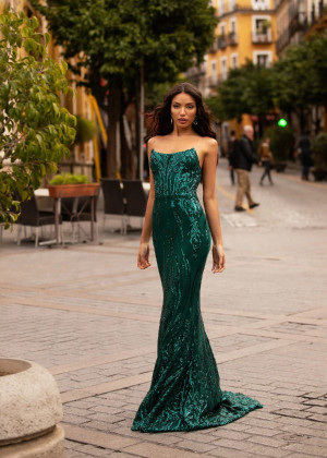 Strapless Scoop Neck Emerald Sequin Gorgeous Evening Dress