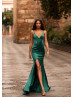 Plunging V Neck Emerald Satin Low Back Slit Evening Dress