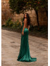 Plunging V Neck Emerald Satin Low Back Slit Evening Dress