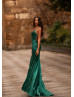Plunging V Neck Emerald Satin Low Back Slit Evening Dress
