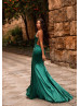 Plunging V Neck Emerald Satin Low Back Slit Evening Dress