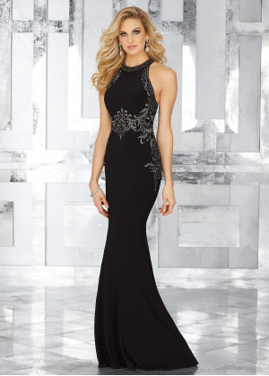 Black Jersey Beaded Embroidery Evening Dress