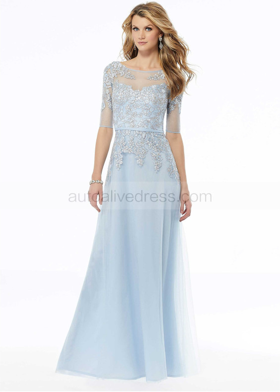 Elbow Sleeves Beaded Sky Blue Lace Tulle Evening Dress