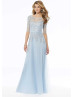 Elbow Sleeves Beaded Sky Blue Lace Tulle Evening Dress