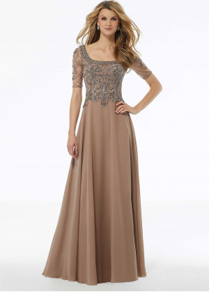 Short Sleeves Beaded Taupe Chiffon Evening Dress