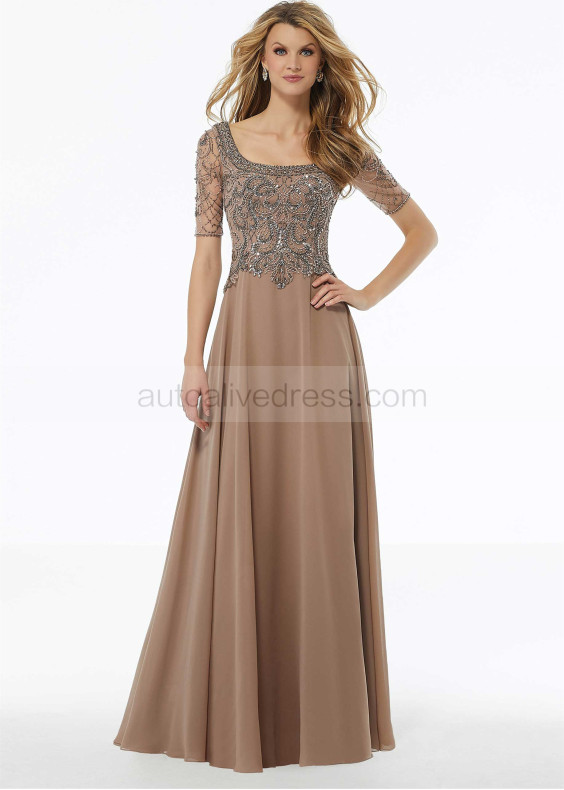 Short Sleeves Beaded Taupe Chiffon Evening Dress