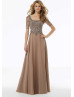 Short Sleeves Beaded Taupe Chiffon Evening Dress