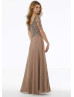 Short Sleeves Beaded Taupe Chiffon Evening Dress