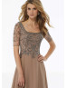 Short Sleeves Beaded Taupe Chiffon Evening Dress