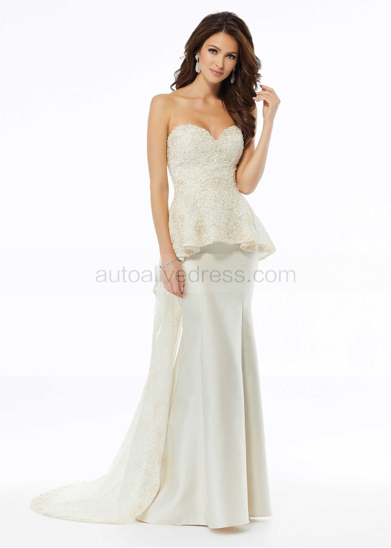 Strapless Sweetheart Beaded Satin Lace Peplum Evening Dress