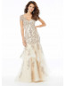 V Neck Champagne Sequined Lace Tulle Evening Dress