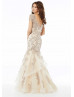 V Neck Champagne Sequined Lace Tulle Evening Dress