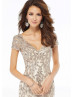 V Neck Champagne Sequined Lace Tulle Evening Dress