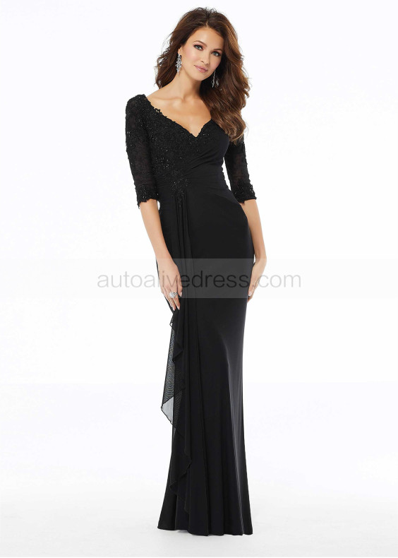 Elbow Sleeves Beaded Black Lace Tulle Evening Dress