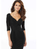 Elbow Sleeves Beaded Black Lace Tulle Evening Dress