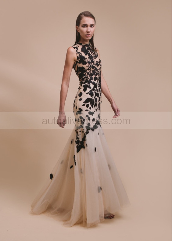 Sleeveless High Neck Black Leaf Lace Nude Tulle Evening Dress Sleeveless High Neck Black Leaf Lace Nude Tulle Evening Dress