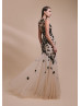 Sleeveless High Neck Black Leaf Lace Nude Tulle Evening Dress