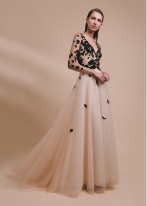 Long Sleeve Black Leaf Lace Nude Tulle Evening Dress