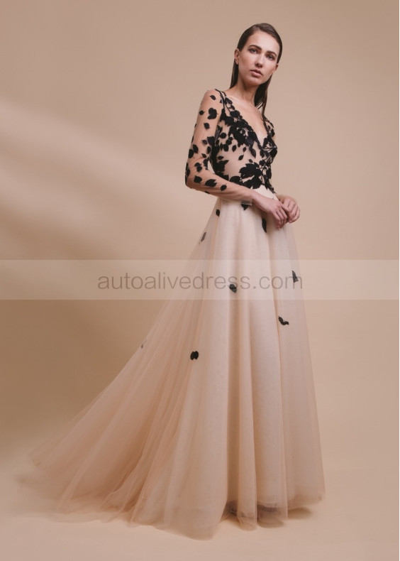 Long Sleeve Black Leaf Lace Nude Tulle Evening Dress