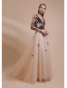 Long Sleeve Black Leaf Lace Nude Tulle Evening Dress Long Sleeve Black Leaf Lace Nude Tulle Evening Dress