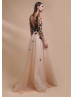 Long Sleeve Black Leaf Lace Nude Tulle Evening Dress