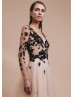 Long Sleeve Black Leaf Lace Nude Tulle Evening Dress