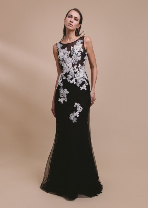 Beaded Ivory Floral Lace Black Tulle Evening Dress Beaded Ivory Floral Lace Black Tulle Evening Dress