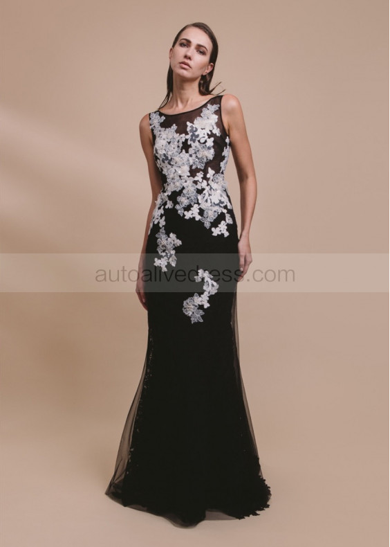 Beaded Ivory Floral Lace Black Tulle Evening Dress