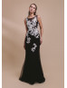 Beaded Ivory Floral Lace Black Tulle Evening Dress