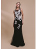 Beaded Ivory Floral Lace Black Tulle Evening Dress Beaded Ivory Floral Lace Black Tulle Evening Dress