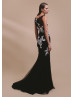 Beaded Ivory Floral Lace Black Tulle Evening Dress