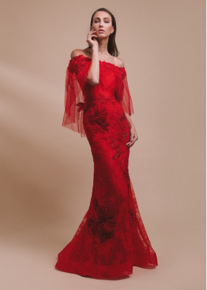Off Shoulder Beaded Red Lace Flowers Tulle Evening Dress