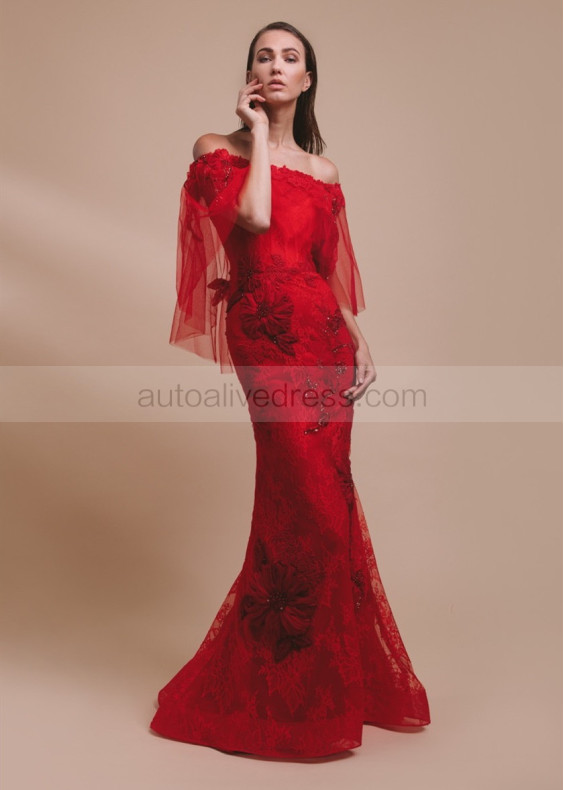 Off Shoulder Beaded Red Lace Flowers Tulle Evening Dress