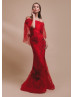 Off Shoulder Beaded Red Lace Flowers Tulle Evening Dress