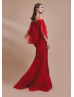 Off Shoulder Beaded Red Lace Flowers Tulle Evening Dress