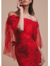 Off Shoulder Beaded Red Lace Flowers Tulle Evening Dress