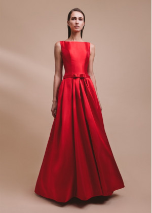 Boat Neck Red Satin V Back Evening Dress With Pockets
