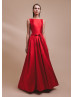 Boat Neck Red Satin V Back Evening Dress With Pockets