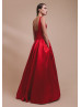 Boat Neck Red Satin V Back Evening Dress With Pockets