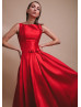 Boat Neck Red Satin V Back Evening Dress With Pockets