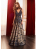 Navy Blue Lace Tulle Evening Dress With Light Beige Lining