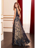 Navy Blue Lace Tulle Evening Dress With Light Beige Lining
