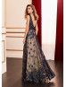 Navy Blue Lace Tulle Evening Dress With Light Beige Lining Navy Blue Lace Tulle Evening Dress With Light Beige Lining