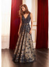 Navy Blue Lace Tulle Evening Dress With Light Beige Lining Navy Blue Lace Tulle Evening Dress With Light Beige Lining