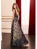 Navy Blue Lace Tulle Evening Dress With Light Beige Lining Navy Blue Lace Tulle Evening Dress With Light Beige Lining