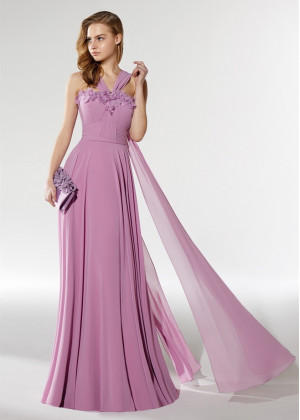 Beaded Pleated Purple Chiffon Evening Dress